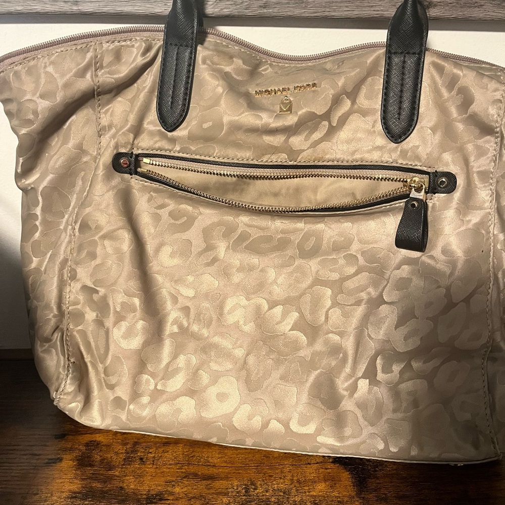 Michael Kors Beige Animal-Print Tote with Black Handles